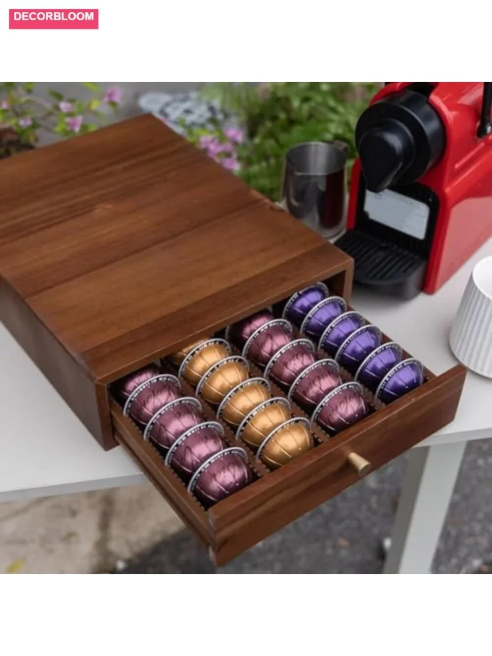 Acacia Wood Coffee Pod Drawer, Nespresso Vertuo Compatible, 40-60 Pod Capacity